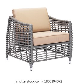 Outdoor Beach Aluminum Wicker Arm Chair Isolated On White. Side View Dining Armchair With Fabric Cushion Seat In Gray & Beige. Patio Furniture. All-Weather Outdoor Weave Rattan Loveseat