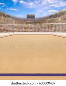 Outdoor beach volleyball arena full of fans in the stands. Deliberate focus on foreground and shallow depth of field on background and copy space. 