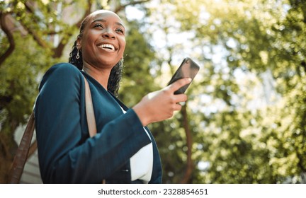 Outdoor, black woman and smartphone with connection, typing and happiness with social media, nature and travel. Thinking, female person or girl with a cellphone, mobile app or smile with website info - Powered by Shutterstock