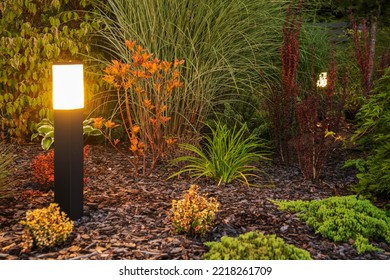 Outdoor Bollard Lamp Illuminating Colorful Plants in the Evening. Landscaped Garden Decorative Lighting Idea.