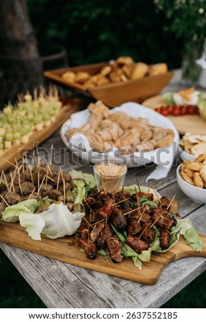 An outdoor buffet table with assorted appetizers including meat skewers, bread, and vegetables on a rustic wooden table.