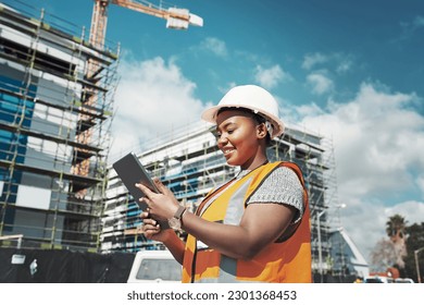 Outdoor, business an black woman with a tablet, construction site and update schedule for new project. Female person, employee or inspector with technology, check progress or architecture with growth - Powered by Shutterstock