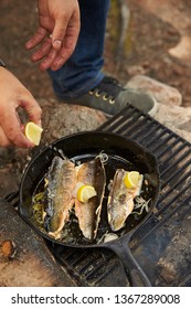 outdoor camping frying pan on wood fire with wild brook trout recipe 