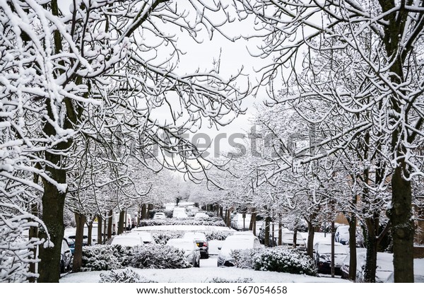 Outdoor car park in tree area covered by snow in\
UK, Milton Keynes
