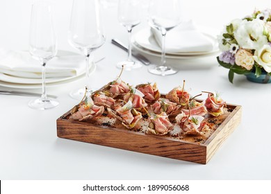 Outdoor Catering Banquet In Summer. Table With Snacks And Canapes At A Summer Banquet