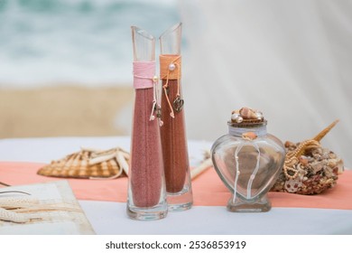 outdoor ceremony, wedding decor, bottle for colored sand, beach wedding, wedding decor, table for outdoor ceremony, signing documents for marriage registration - Powered by Shutterstock