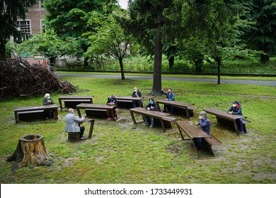 Outdoor Classroom With Tables And Benches Made In The City Public Park. Collegno, Italy - May 2020