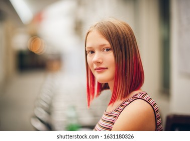 Outdoor Close Up Portrait Of Pretty Teenage Girl With Red Dyed Hair