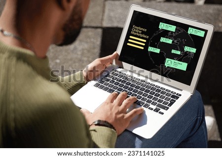 Outdoor, connection and copywriting with man, laptop and typing with online chatting, website information and network. Closeup, person and guy outdoor, pc and research with digital app and internet