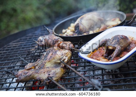 An outdoor cookout, two small game birds in a pan and one being barbequeued above hot coals