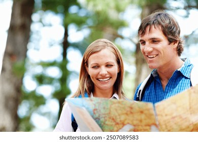 Outdoor, couple and smile with map for hiking, navigation and understand terrain for destination journey. Nature, man and woman with chart for landmark, direction and route planning for trekking - Powered by Shutterstock