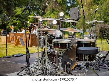 Outdoor Drum Kit. Percussion Instruments, Drum, Cymbals. Rock  Concert