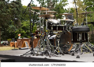 Outdoor Drum Kit. Percussion Instruments, Drum, Cymbals. Rock  Concert