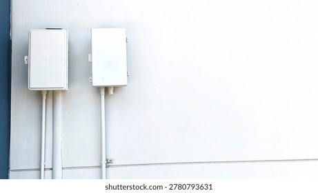 Outdoor electrical control boxes on white wall with copy space. Two plastic waterproof electrical junction boxes mounted on exterior building wall.
