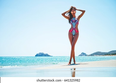 Outdoor Fashion Photo Of Beautiful Happy Slender Woman At Sea. Beach Travel. Summer Vibes