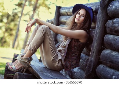 Outdoor Fashion Portrait Of Young Beautiful Woman. Boho Chic Style