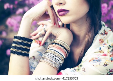 Outdoor Fashion Portrait Of Young Beautiful Woman. Boho Chic Style, Hippie Chic Vibe Outfit, Details 