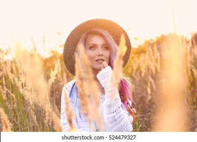 Outdoor Fashion Portrait Of Young Beautiful Woman, Boho Chic Style
