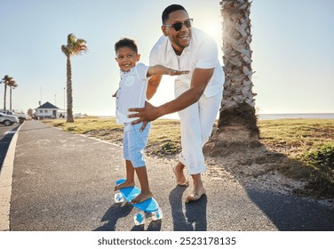 Outdoor, father and child with skateboard for learning, playful and bonding together with connection. Family, papa and happy boy with equipment for support, balance or parent for teaching in pavement - Powered by Shutterstock