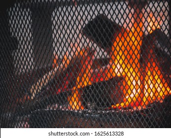 Outdoor Firepit With Lit Fire Close Up