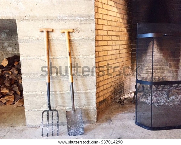 Outdoor Fireplace Fire Wood Shovels Stock Photo Edit Now 537014290