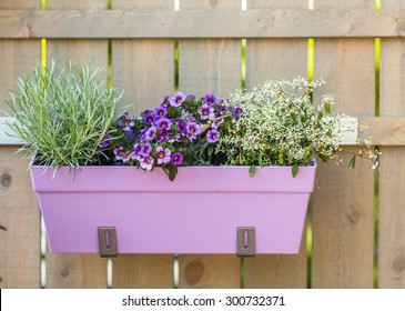 Outdoor Flower Pot Hanging On Wooden Fence For Small Garden, Patio Or Terrace