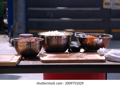 Outdoor Food Prep For The Clam Chowder Cook-Off At The Santa Cruz Beach Boardwalk In Santa Cruz, California