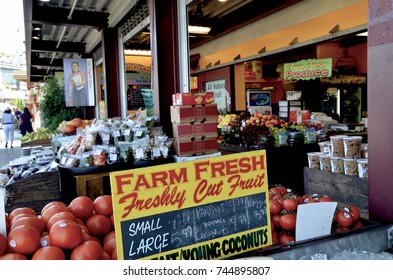 Outdoor Fresh Fruit Stalls At The Farmers Market, The Grove Shopping Centre In Los Angeles, California. October 2017