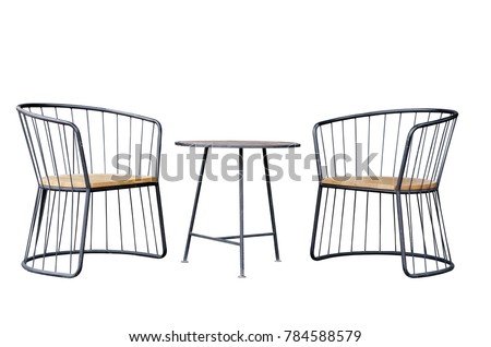 Outdoor furniture coffee set, Black round steel bar structure 2 lounge chairs wooden seat and coffee table wooden top surface industrial loft style isolated on white background