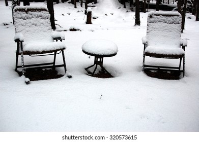 Outdoor Furniture Covered With Heavy Snow