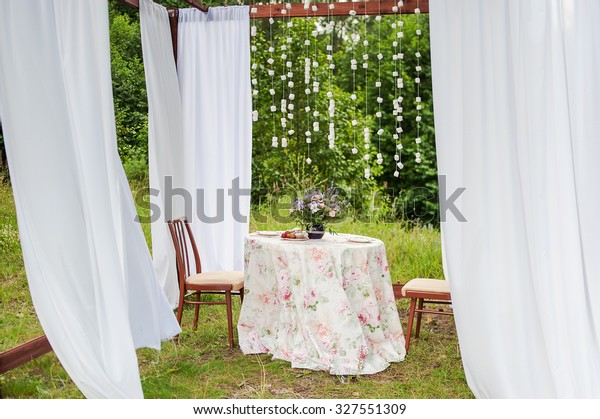 Outdoor Gazebo White Curtains Wedding Decorations Stock Photo