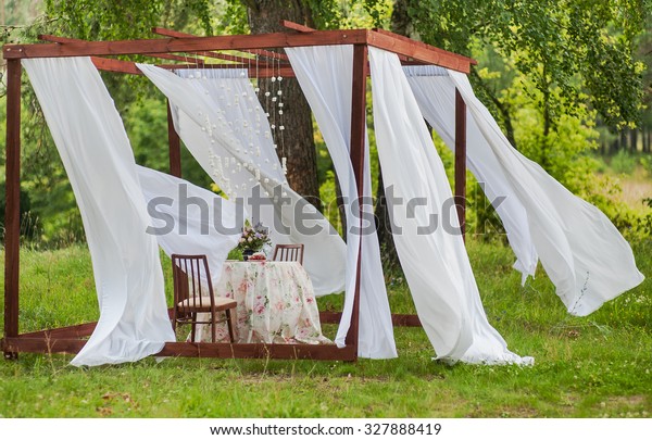 Outdoor Gazebo White Curtains Wedding Decorations Stock Photo