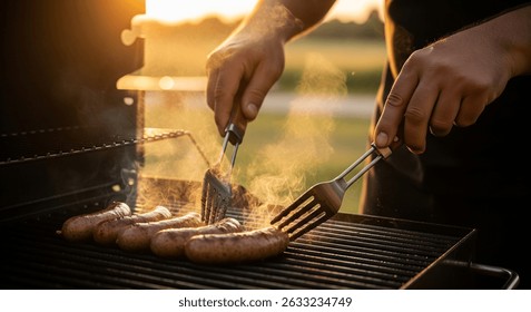 Parrilla al aire libre al atardecer, las manos cuidando salchichas chispeantes en una barbacoa. Perfecto para verano, comida y temas de estilo de vida
