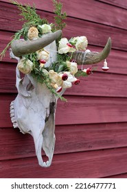 Outdoor Halloween Decoration Close Up Photo. Cow Scull With Wreath Of Dry Wild Roses And Lights. 