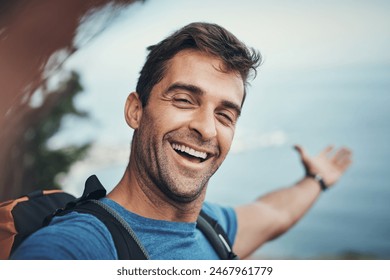 Outdoor, hiker and man with selfie, show and peace on hill, travel and journey in woods or backpack. Forest, hiking or person with confidence on mountain, trekking and bag for camping or adventure - Powered by Shutterstock