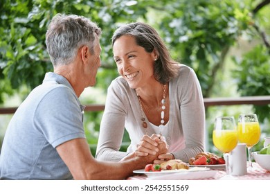 Outdoor, holding hands and senior couple with breakfast, care and bonding together with conversation. Happy, mature man and woman with smile, love and healthy meal with relationship and marriage - Powered by Shutterstock