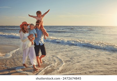 Outdoor, holiday and fun for family, beach and bonding in trip, walking and summer in California. Sea, peace and children will parents, waves and water of ocean, couple and man with woman together - Powered by Shutterstock