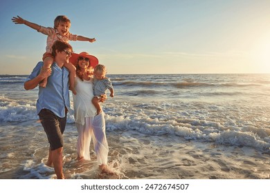 Outdoor, holiday and fun for family, water and bonding in trip, walking and beach in California. Sea, peace and children with parents, waves and vacation of ocean, couple and man with woman together - Powered by Shutterstock