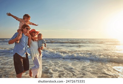 Outdoor, holiday and walking for family, water and bonding in trip, fun and beach in California. Sea, peace and children will parents, waves and vacation of ocean, couple and man with woman together - Powered by Shutterstock