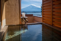 Outdoor Hot-spring Bath With The Beautiful View Of Mountain Fuji And Lake Kawaguchiko In Japan