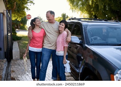 Outdoor, hug and family washing car, bonding together and hobby with fun chore, cloth or happiness. Portrait, driveway or parents teaching daughter responsibility, clean vehicle or water with hygiene - Powered by Shutterstock