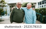 Outdoor, hug and old men with smile, funny and support with retirement, nature and joyful. Nursing home, best friends and senior people with embrace, garden and laughing with happiness and reunion