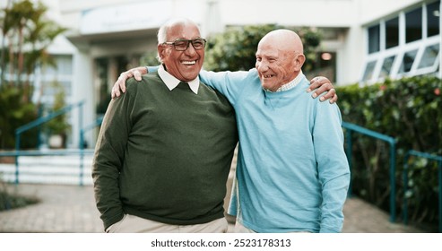 Outdoor, hug and old men with smile, funny and support with retirement, nature and joyful. Nursing home, best friends and senior people with embrace, garden and laughing with happiness and reunion - Powered by Shutterstock