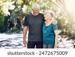 Outdoor, hug and senior couple for fitness, exercise and walking with happy people in retirement. Marriage, elderly man and old woman in nature for workout for health benefits, wellness and cardio