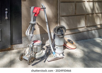 Outdoor Image Of Old Dirty Used Industrial Professional Floor Washer Waxing Machine