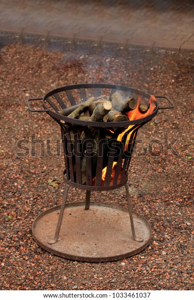 Outdoor Iron Firepit Burning Wood Logs Stock Photo Edit Now