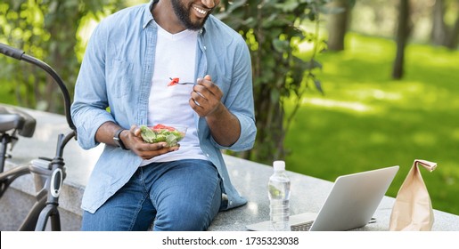 Outdoor Leisure. Unrecognizable Afro Man Eating Lunch And Watching Movie On Laptop In Park, Enjoying Spending Time Outside, Cropped Image, Panorama