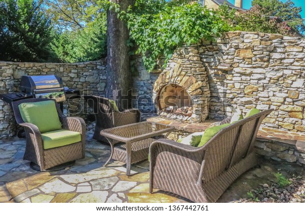 Outdoor Living Rock Wall Builtin Outdoor Stock Photo Edit Now