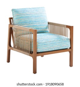 Outdoor Lounge Chair With Teal Blue Cushion Set Isolated On White. Modern Upholstered Patio Armchair. Modern Wooden Arm Chair With Wood Armrests And Solid Wood Frame Construction. Patio Furniture