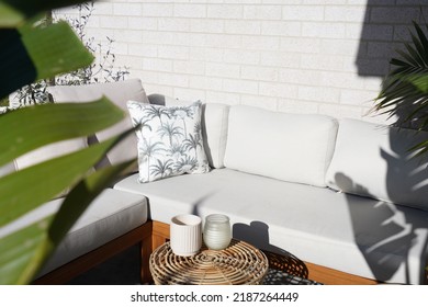 Outdoor Lounge Decor, Coastal Boho Lounge Styling, Coastal outdoor cosy lounge dining set up. Coastal Bohemian Styling Decor. - Shutterstock ID 2187264449